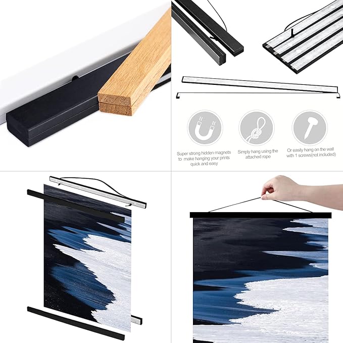 Ywlake Magnetic Poster Hanger, 34x22.5 34 x 22 34x24 Poster Frame Wood Wooden Magnet Print Posters Dowel Scroll Hanger Hangers Hanging Kit for Walls Map Canvas Artwork (Black, 34")