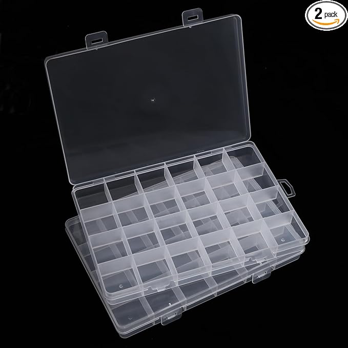 2 Pack 24 Grids Clear Plastic Organizer Box Fixed Compartment Storage Container for Craft, Beads, Jewelry, Small Parts, Small Items
