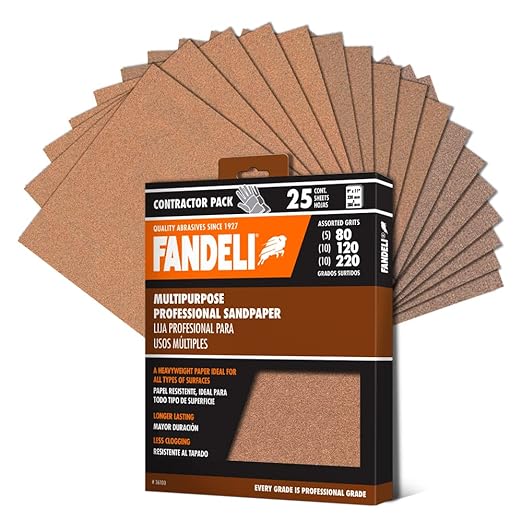 Fandeli | Multi-Purpose Sanding Paper | Assorted Grits (80,120,220) | 25 Sheets of 9'' x 11'' | Perfect for Sanding Metal and Sanding Wood | Hand Sanding | Orbital Sanders