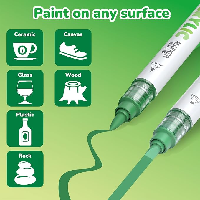 Guangna 12 Green Dual Tip Acrylic Paint Markers, Brush Tip & Chisel Tip Acrylic Paint Pens for Rock, Wood, Glass, Paper, Coloring Book, Ceramic, Canvas, Water-Based Ink