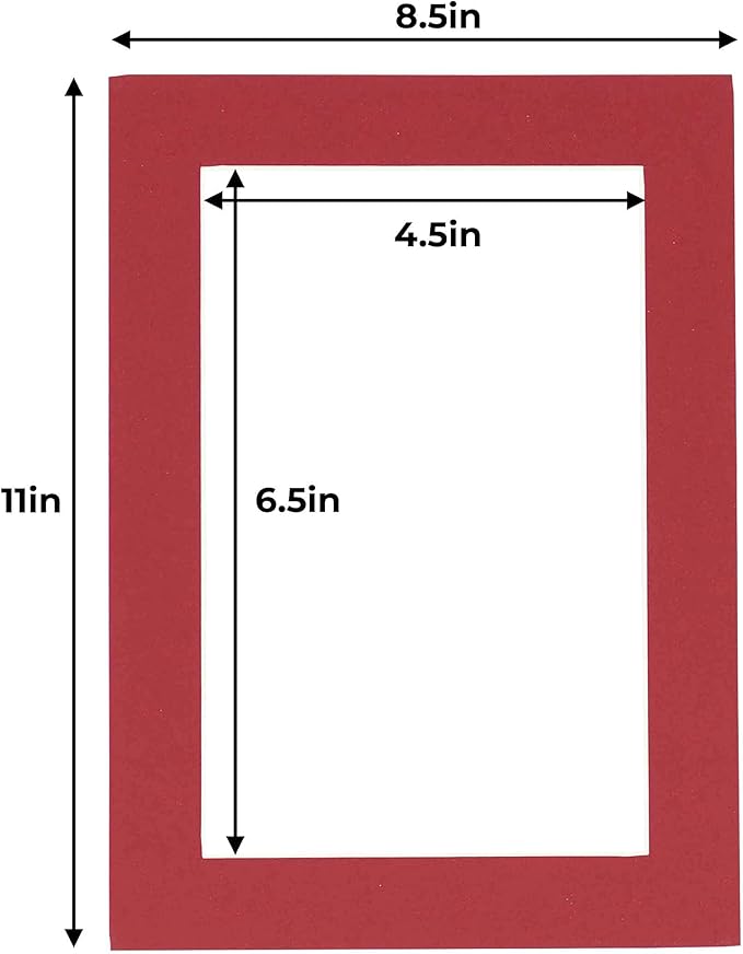 5x7 Mat for 8.5x11 Frame - Precut Mat Board Acid-Free Deep Red 5x7 Photo Matte Made to Fit a 8.5x11 Picture Frame, Premium Matboard for Family Photos, Show Kits, Art, Picture Framing, Pack of 25 Mats