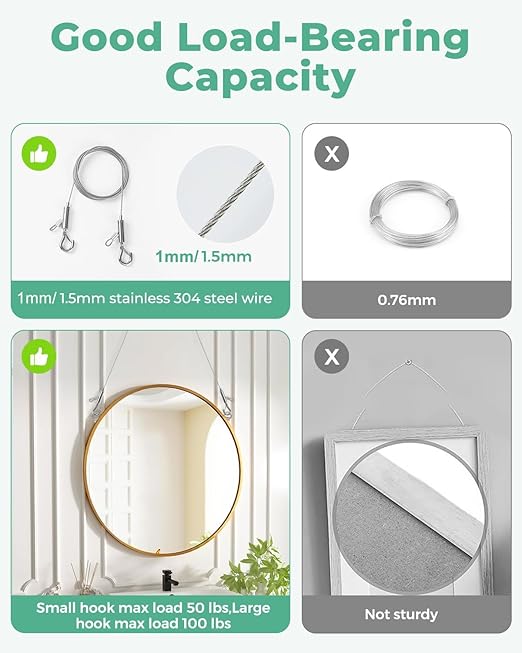 4PCS Adjustable Picture Hanging Wire 1.5m x 1.5mm Large Hooks, Picture Frame Wire Kit Heavy Duty 100lbs, Stainless Steel for Art, Mirror, Light Lamp, Billboards, Basket Flowerpot