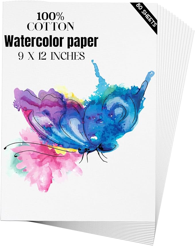 Watercolor Paper 9x12 inches 80 Sheets,Heavyweight Artist Paper 140lb/300GSM Cold Press Natural Cotton Paper for Students Artists Watercolor Drawing