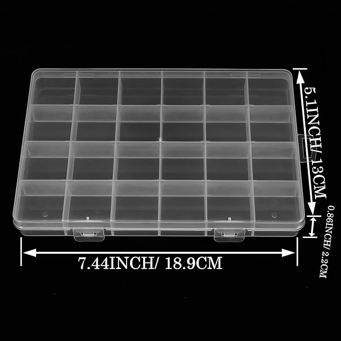 2pcs 24 Grids Clear Plastic Organizer Box Fixed Compartment Storage Container for Craft, Beads, Jewelry, Small Parts, 7.4X5.1X0.86 INCH