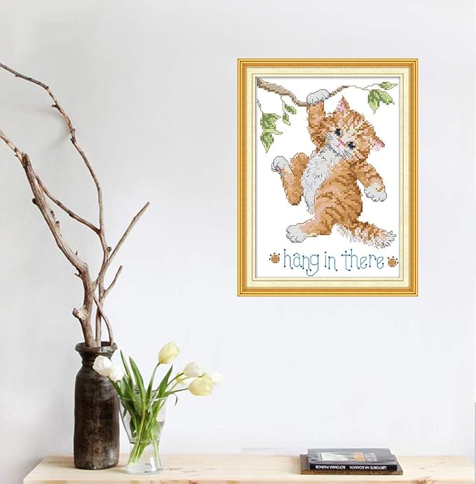 CROSSDECOR Cross Stitch Stamped Kits Quilt Pre-Printed Cross-Stitching Patterns for Beginner Kids Adults, Embroidery Crafts Needlepoint Starter Kits Kitten at Play