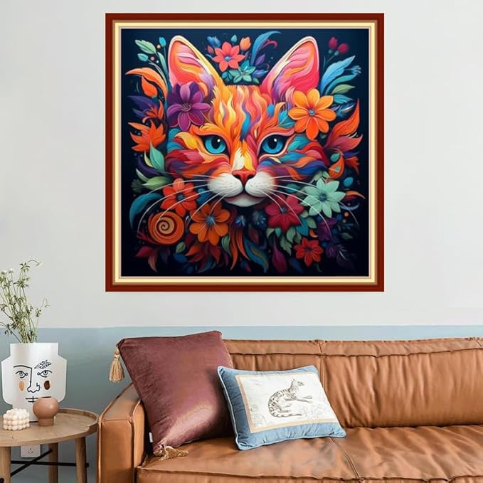 Joyhoor Stamped Cross Stitch Kits for Beginners, Needlepoint Kits for Adults, 11CT Counted Embroidery Kits-Magic Cat 18x18 inchs