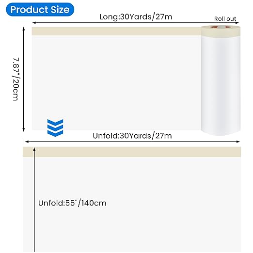 TAPEBEAR Upgrade Pre-Taped Masking Film Extra Thick, High Temp Tape and Drape 55" x 90', Plastic Cover for Automotive, Painting, Plastic Sheeting Masking Tape Film for Auto, Floor, Furniture, 4Rolls