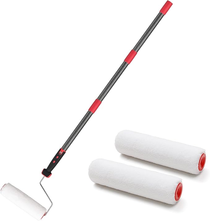 Paint Roller Extension Pole,96inch Brush kit Multi-Function Paint Roller kit Cleaner with House Paint Rollers Brush Stainless Steel Pole,Mural Brush for Walls and Ceiling Paint Roller no drip Grey