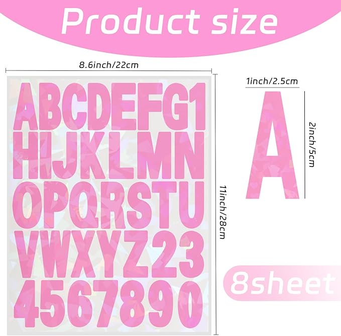Starboling Letter Stickers,2 inch 8 Sheets Pink Alphabet Sticker,Self Adhesive Vinyl Letter Stickers Mailbox Numbers,for Arts Crafts Outdoor Sign Poster Mailbox Sign Doors Mailboxes Car Truck