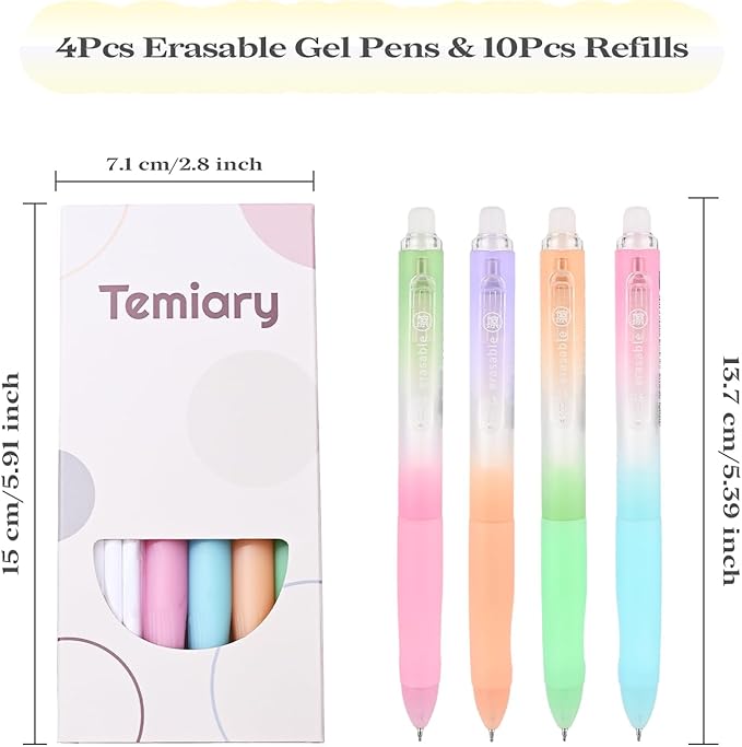 Temiary 4 Pcs Erasable Gel Pens & 10 Pcs Refills, Retractable Ink Pen with Eraser Clear, 0.5mm Fine Point Smooth Writing Make Mistakes Disappear for Crossword Puzzles Note Taking (Black Ink)