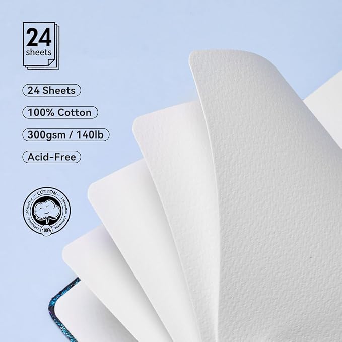 Lightwish Square Watercolor Journal,100% Cotton,300gsm/140lb,Acid-Free,24 Sheets Cold Press Watecolor Sketchbook for Artists Adults Students,6.29 * 6.29 Inches(Blue Starry Sky)