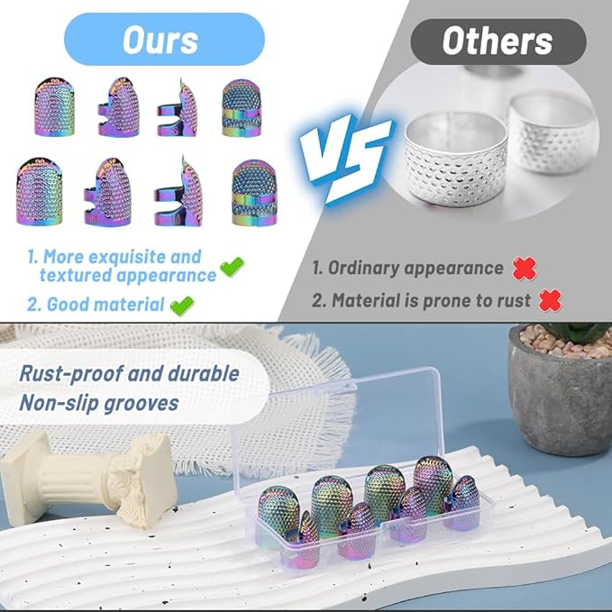 8 Pcs Sewing Thimbles, Sewing Thimble Finger Protector, Fingertip Thimble Metal Dazzle Color Adjustable Metal Sewing Thimble Rings, Sewing Quilting Craft Accessories DIY Sewing Tools (2 Sizes, S/M)