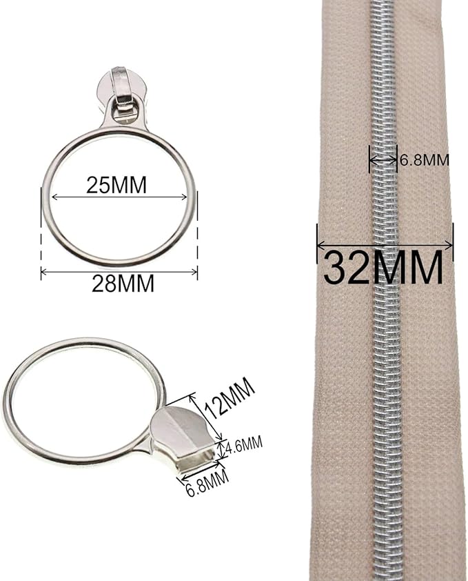 Leekayer #5 Silver Metallic Nylon Coil Zippers by The Yard Bulk 10 Yards Beige Zipper Tape with 25pcs Silver Ring Pull Sliders for DIY Sewing Tailor Craft Bag(Beige)
