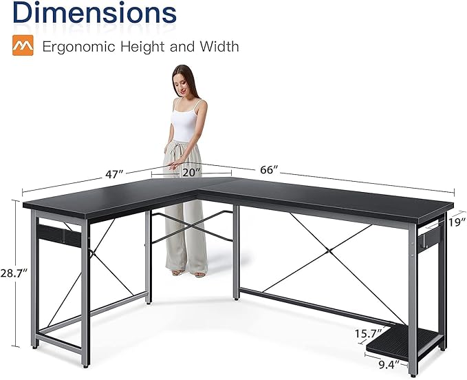 Coleshome 66" L Shaped Gaming Desk, Corner Computer Desk, Sturdy Home Office Computer Table, Writing Desk, Larger Gaming Desk Workstation, Black