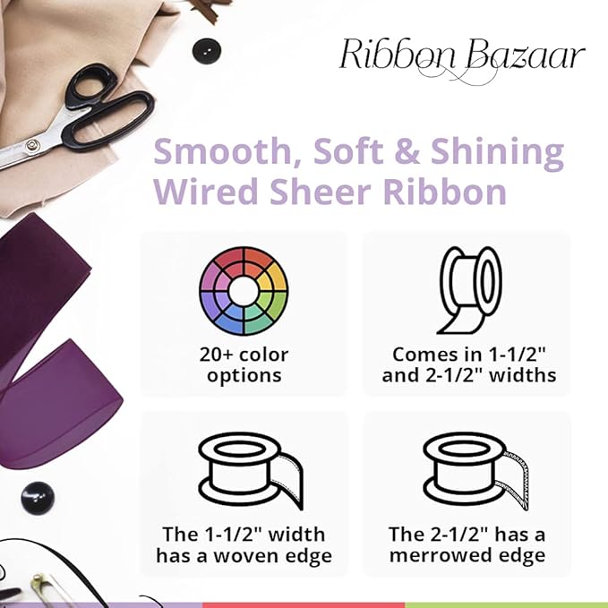 Ribbon Bazaar Sheer Organza Wired Ribbon - 100% Polyester Wire Edged Ribbon for Floral Decor, Table Arrangements, Apparel Embellishment & More - 1-1/2" Black 25yd