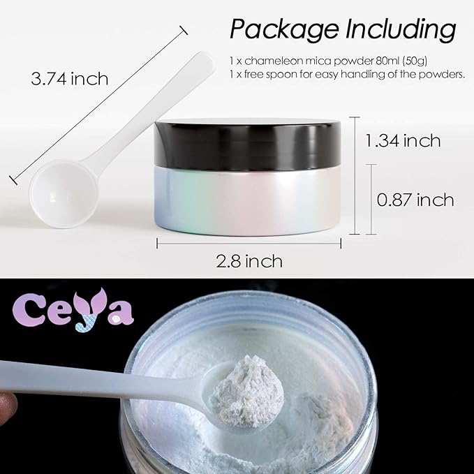 Ceya Chameleon Mica Powder, 1.8oz/ 50g Mermaid Chrome Nail Powder, Cosmetic Grade Pearlescent Effect Color Shift Pigment for Epoxy Resin, Makeup, Nail Polish, Soap Dye, Candle Making,Craft,Slime,Paint