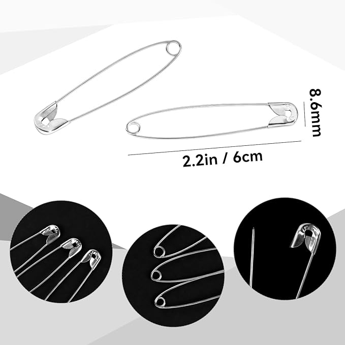 100 Pack Silver Safety Pins Assorted, Galvanized Steel Bulk Safety Pins for Sewing, Clothes, Arts & Craft (2.1 Inch / 54 mm)