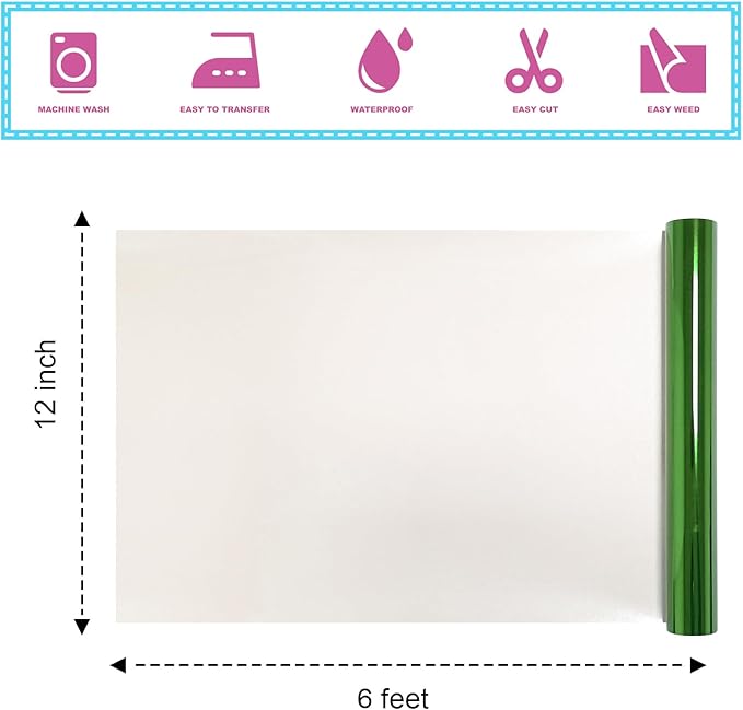 Metallic Green Sheet Foil Heat Transfer Vinyl, 12Inch x 6Ft Bundle Chrome HTV for Stunning T-Shirt Designs Perfect for DIY