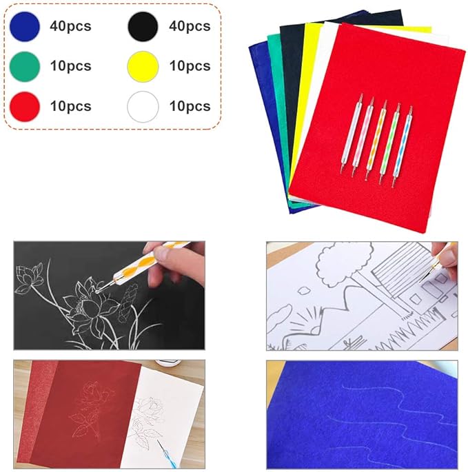 120pcs A4 Transfer Paper with 5pcs Embossing Stylus,Tracing Paper Copy Paper Carbon Water-Soluble Transfer Paper for Transfer Pattern on Fabric,Wood,Cross Stitch Cloth,Paper, Hand Painting