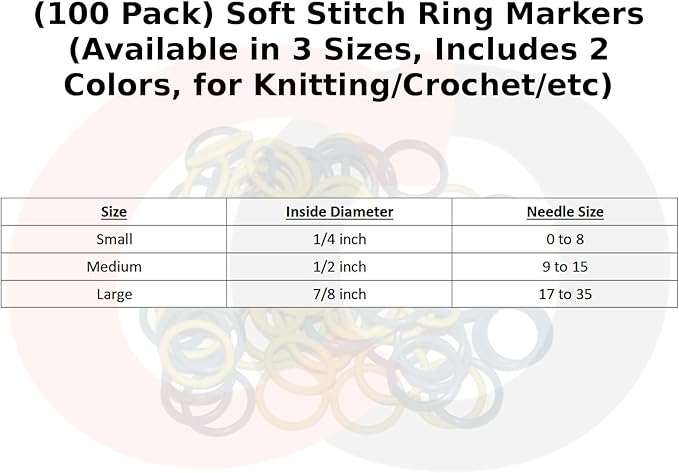 (100 Pack) Soft Stitch Ring Markers (Available in 3 Sizes, Includes 2 Colors, for Knitting/Crochet/etc) (Medium (Needle 9-15), Red & Black)