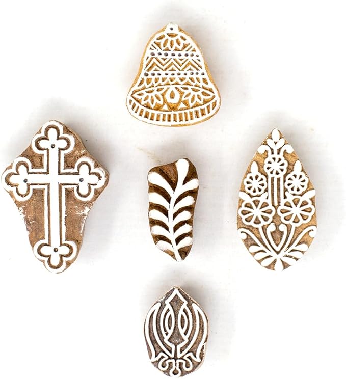 Wooden Indian Traditional Design Printing Stamps - Stamp Block for Printing Saree Border/Dresses/Craft Card Making/Scrapbook/Clay Pottery (Set of 5) Hashcart®