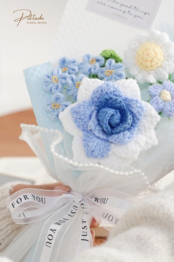 Hand-Woven Flower Bouquet Finished（1pcs） for Valentine's Day Girlfriend Birthday Gift Wedding Decoration Crochet Artificial Flower, Bouquet Gift (Blue)