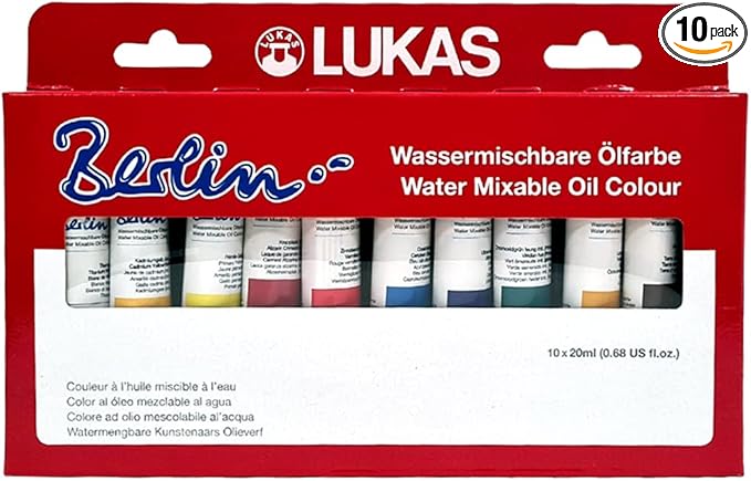 Lukas Berlin Pro Artists Water Mixable Oil Paint Set of 10 (20mL) Selection Set of 10-20 ml Tubes, Water Soluble, Lightfast Pigments, Quick Drying, Easy Clean-Up, Eco-Friendly, Professional Quality