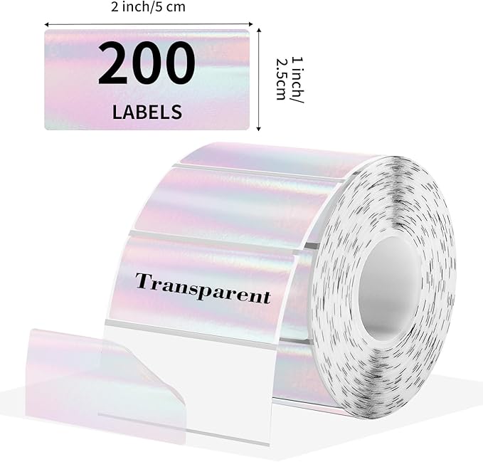 Transparent Clear Thermal Label Stickers, 2 x 1 Inch Printable Transparent Stickers, Holographic Pink Direct Clear Thermal Labels, Perforation Line Design- 200 Sheets