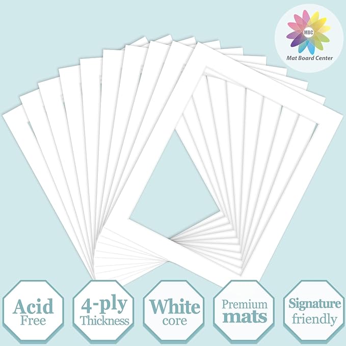 MBC MAT BOARD CENTER, 10 Pack 11X14 for 9X12 White Picture Mats Frame Mattes, Bevel Cut, Acid Free, 4-Ply Thickness