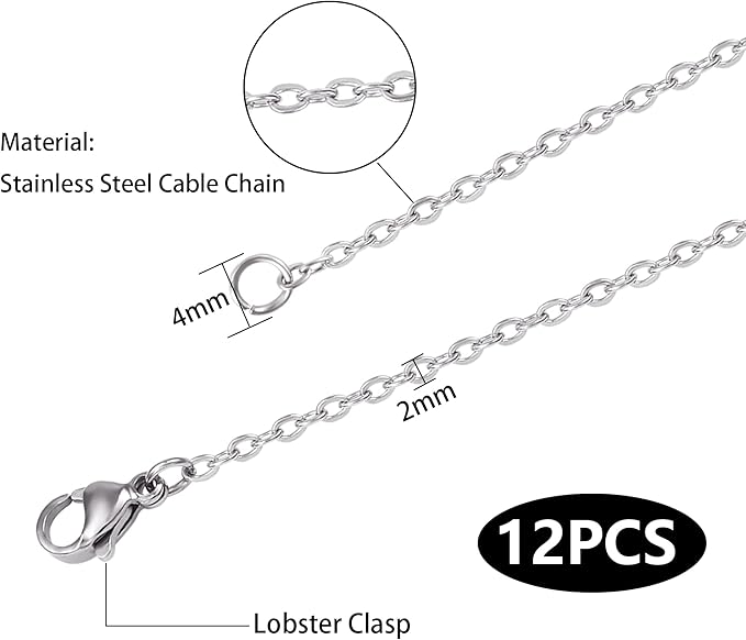 Wholesale 12 PCS Genuine Stainless Steel Cable Chain Necklace Chains Bulk for Jewelry Making (18 Inch(2MM))