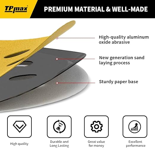 100PCS 5 Inch 320 Grit 125mm 8 Hole Sanding Discs Sandpaper - Premium Gold Round Hook and Loop for Random Orbital Sander - Ideal for Wood, Metal, Automotive