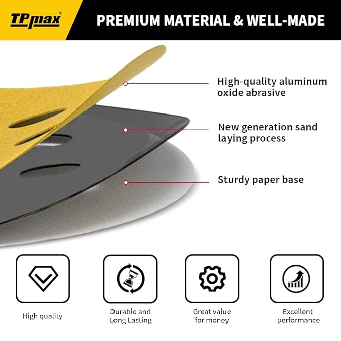 100PCS 5 Inch 150 Grit 125mm 8 Hole Sanding Discs Sandpaper - Premium Gold Round Hook and Loop for Random Orbital Sander - Ideal for Wood, Metal, Automotive