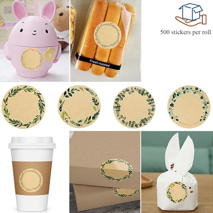 HAHIYO 2In 500P Round Natural Brown Kraft Stickers with Green Leaf Wreath Design - 4 Unique Styles Blank Kraft Labels Roll to Write On Durable Dot Stickers for Jar Canning Price Tags Store Organizing