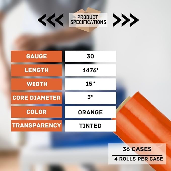 PSBM Orange Stretch Wrap, 15 Inch x 1476 Feet, 144 Pack, Tinted Pre-Stretched Shrink Wrap Film for Moving, Packaging, Pallet Wrapping