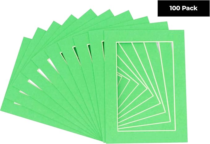5.5x8.5 Mat for 8.5x11 Frame - Precut Mat Board Acid-Free Bright Green 5.5x8.5 Photo Matte for a 8.5x11 Picture Frame, Matboard for Family Photos, Show Kits, Art, Picture Framing, Pack of 100 Mats