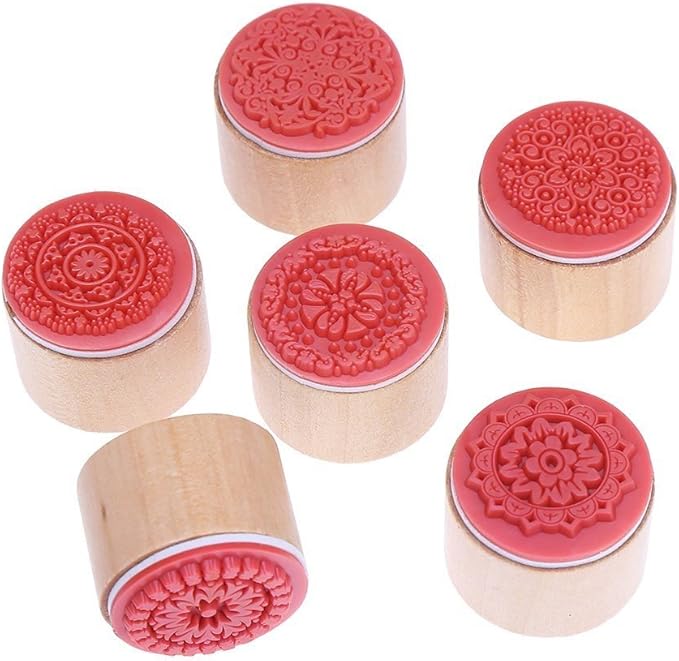 DECORA 6 Pieces Floral Pattern Round Wooden Rubber Stamp for Scrapbooking