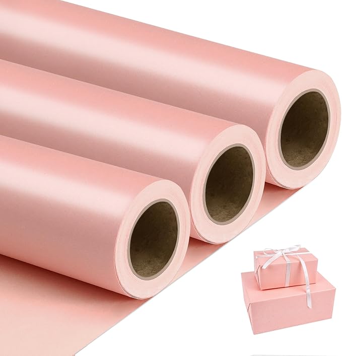 NESCCI Pink Matte Wrapping Paper,Solid Color Pearly-Lustre Paper-3 Roll,17 Inches X 32.8 Feet Per roll.Gift Wrapping Paper,Perfect for Wedding,Valentine's Day,Birthday, Christmas,Baby Shower.