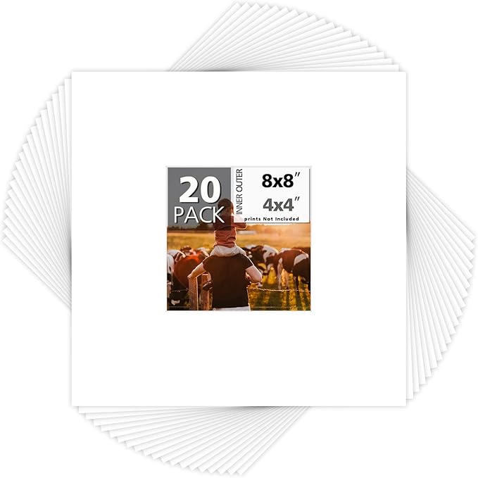 Mat Board Center, Pack of 20, 8x8 for 4x4 White Photo Picture Mats - Acid Free, 4-ply Thickness, White Core - for Pictures, Photos, Framing
