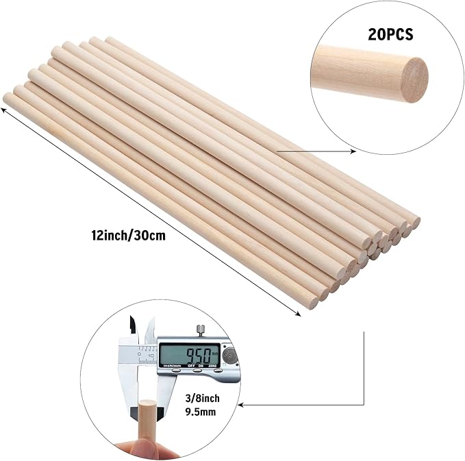Wooden Dowels Wood Sticks for Crafts 3/8 x 12, 20 PCS Wood Dowel Rods, Round Macrame Dowels, Unfinished Hardwood Sticks for Arts and DIYers, Crafting, Tiered Cake Support and Wedding Ribbon Wands