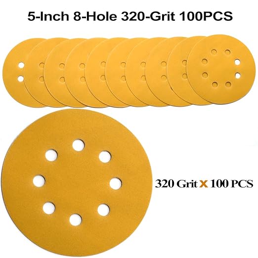5-Inch 8-Hole Hook and Loop Sanding Discs 320-Grit Random Orbit Sandpaper, 100-Pack