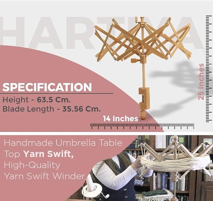 Beechwood Umbrella Swift Yarn Winder | 24" Extra-Large Wooden Ball Winder for Skeins & Hanks | Smooth Rotating Swift for Knitting & Crocheting