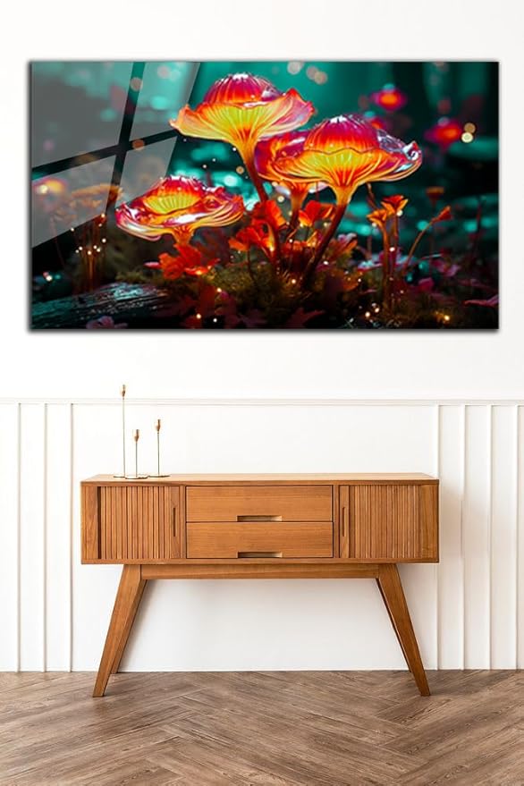 SpiritualHands Fantastic Mushrooms Glass Wall Art Oil Painting for Living Room, Tempered Glass Modern Prints Decor, Large Vivid Color Panel for Bedroom, Kitchen, or Office