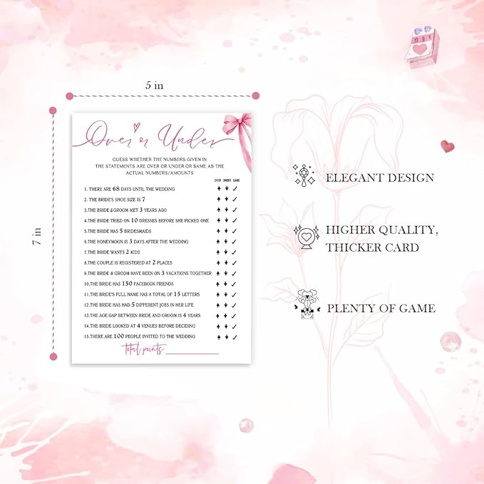 Bridal Shower Games Cards, Guess Over or Under, Bridal Shower Games 25 Guests, Engagement Party Wedding Games for Guests, Pink Ribbon Bow Wedding Party Supplies - E13
