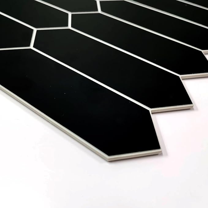 SUNWINGS Backsplash Tile for Kitchen Peel and Stick, Stone Composite Self Adhesive Tiles Long Hexagon Mosaic Wall Tile for Kitchen, 12 Inch x 11.22 Inch 10 Sheets Black Matte