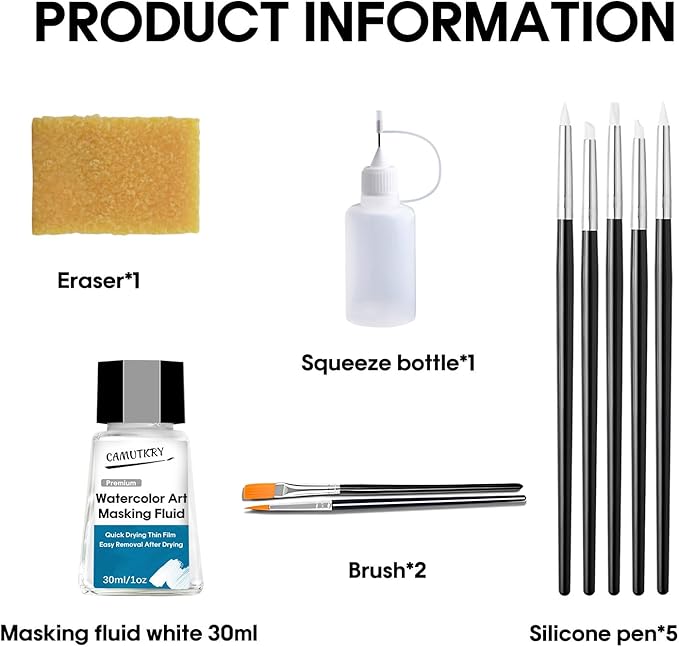 Watercolor Masking Fluid, Liquid Masking for Painting Watercolor Accessories with Silicone Pen Cleaning Brush Retouching and Covering for Painting and Various Art Projects Supplies,White 30ml