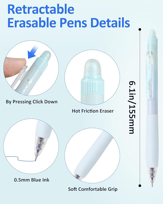 Solati Erasable Pens, 6 Pack Fine Point 0.5mm Black Erasable Gel Pens with 360°Rotating Erasers, Make Mistakes Disappear, Comfort Grip for Drawing, Writing, Planning, and Crossword Puzzles (Blue Ink)