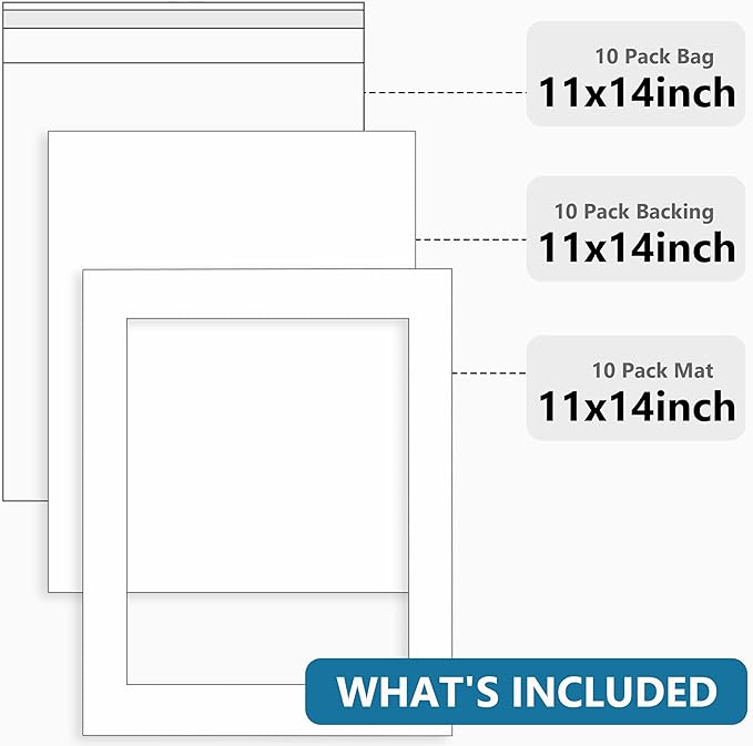 Somime 10 Pack White Photo Board 11x14 Mat for 8.5x11 Photo Mat, White Core Bevel Cut 11x14 Matted Picture Frame Mat Kit Includes 10 Pre Cut Frame Mats & 10 Acid Free Backers & 10 Clear Seal Bags