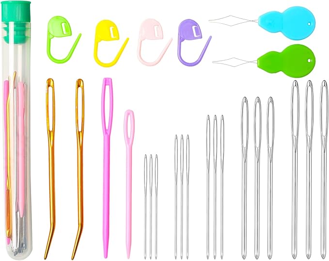 Hekisn 25Pcs Large Eye Blunt Yarn Needles kit, Assorted Sizes Bent Tapestry Darning Needle, Sewing Needles with Needle Threaders & Stitch Markers for Knitting Crochet (Green)