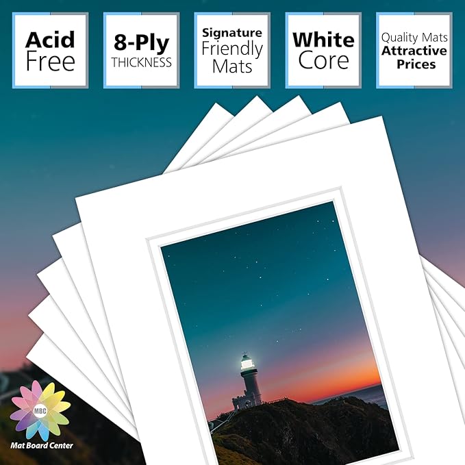 Mat Board Center, Double Mat - Acid Free, 8-ply Thickness, White Core - for Pictures, Photos, Framing (White Over White, 8x10 for 5x7, Pack of 5)