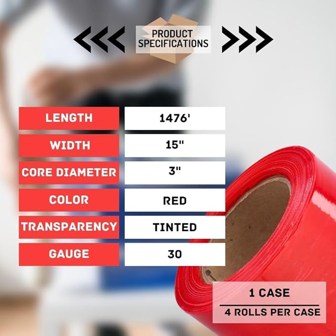 PSBM Red Stretch Wrap, 15 Inch x 1476 Feet, 4 Pack, Tinted Pre-Stretched Shrink Wrap Film for Moving, Packaging, Pallet Wrapping